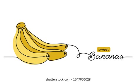 Bananas bunch vector illustration. One continuous line drawing art illustration with lettering sweet bananas.