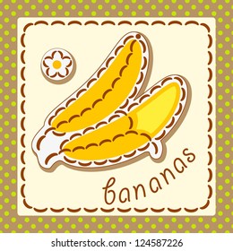 Bananas. Cards from the fruit and berry, decorated with embroidery on the elements of the original background. Vector.