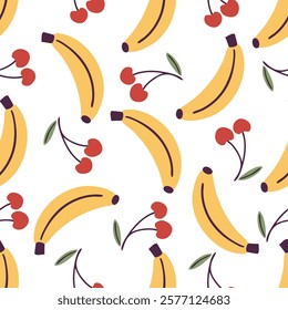 Bananas and cherries. Seamless pattern with cute doodle bananas and cherries on white background. Vector seamless pattern with fruits for fabric, textile and wrapping paper.