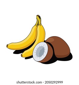 Plátanos y coco. Línea de esbozo vectorial 3d isométrica, ilustración de icono de color, estilo plano. Idea de diseño creativo y elementos para infografías y sitios web.