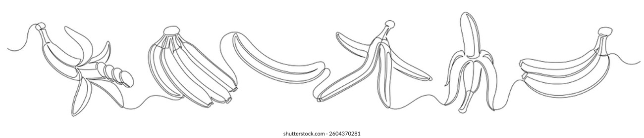 Bananas continuous one line drawing set isolated on a white background. Editable stroke. Outline banana fruit collections. Horizontal banner. Vector illustration