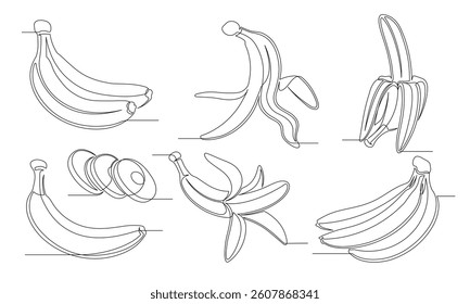 Bananas continuous one line drawing set. Outline banana fruit icon collections isolated on a white background. Editable stroke. Vector illustration