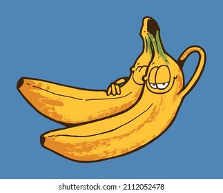 Bananas couple characters hugging satisfied. Valentines day fruit characters isolated.