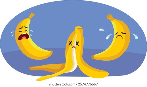 
Bananas Crying at a Funeral of a Friend Vector Illustration. Metaphoric image of an unfortunate banana and the fragility of life 
