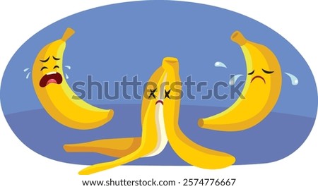 
Bananas Crying at a Funeral of a Friend Vector Illustration. Metaphoric image of an unfortunate banana and the fragility of life 
