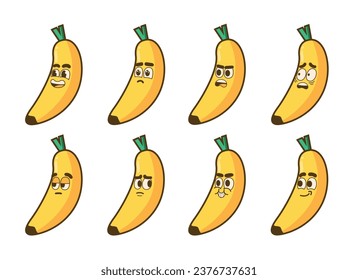 Bananas with different adorable facial expressions on a white background.