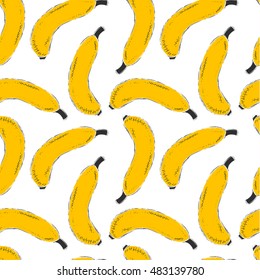 Bananas doodle seamless pattern with bright scattered. Printing fruit yellow. vector illustration