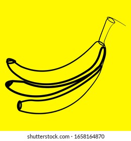 Bananas drawn in one line. Three bananas on a yellow background. Vector stock illustration in linear style. Yellow tropical fruit contour. Banana in one line, for decoration, icons, logo and label.
