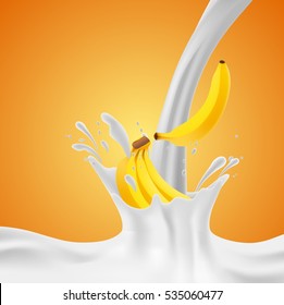 Bananas falling into the milky splash. Vector illustration