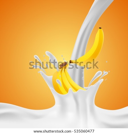 Bananas falling into the milky splash. Vector illustration