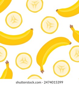 Bananas fruit and slices seamless pattern. Food background. Vector cartoon flat illustration.