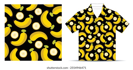 Bananas fruit and slices seamless pattern. Food background. Banana seamless pattern for shirt, Banana with a black background, Vector cartoon flat illustration.