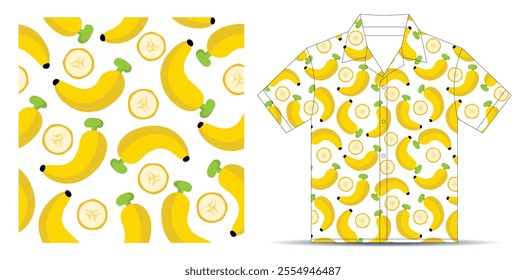 Bananas fruit and slices seamless pattern. Food background. Banana seamless pattern for shirt, Vector cartoon flat illustration.