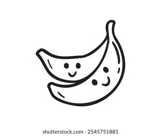 Bananen lustigen Charakter mit einem Lächeln doodle handgezeichnete Symbol. Bananen glücklich lächelnd Zeichnung clipart Umrisselement. Vektorgrafik