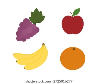 Bananas e uva Bunch maçã vermelha e laranja férias ou frutas sazonais Minimalista ideia de design plano. Ilustração isolada do vetor Ícone do adesivo Pictograma Materiais de impressão Banner, folhetos, conteúdo de mídia