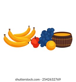 Bananas, grapes, apples, fruits by basket in flat design. Kwanzaa holiday crop. Vector illustration isolated.