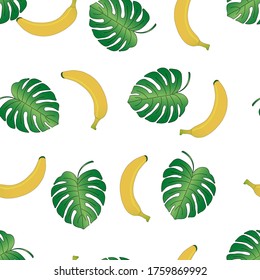 Plátanos y hojas verdes de monstera con gradiente sobre fondo blanco. Patrón sin foco.