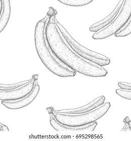 Bananas. Hand drawn black and white sketch as seamless pattern. Vector illustration