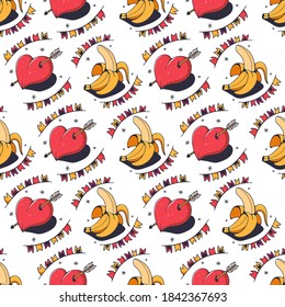 Bananas and hearts. Seamless pattern on a white background. Cute vector illustration.