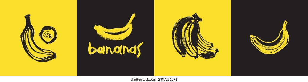 Bananas icon set for logo creating, organic food label, and banner design. Monochrome banana vector drawings. Tropical fruit signs.