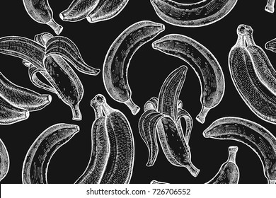 Bananas isolated white chalk on black board. Seamless pattern. Realistic fruits in the technique of vintage engraving. Black and white. Vector illustration art. Hand drawing. Kitchen design with food