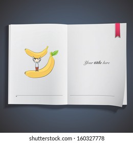 Bananas with kid printed on book. Vector design. 