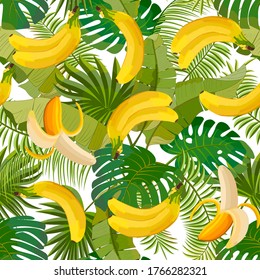 Bananas and leaves in a color pattern.Ripe bananas and palm leaves in a seamless pattern.
