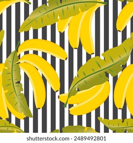 Bananas with leaves on a striped black and white background form a seamless tropical pattern for modern textiles, wrapping paper. Vector.