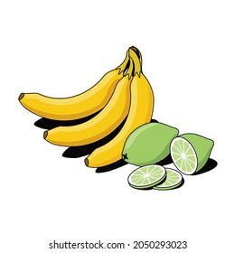 Bananas and lime. Vector 3d sketch line isometric, color icon illustration, flat style. Creative design idea and elements for infographics and website.