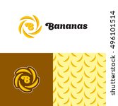 Bananas logo design template. Vector color banana sign illustration. Yellow fruit seamless pattern. Letter B symbol logotype. Bright plant tropic label