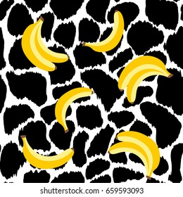 Bananas on animal skin stains pattern. Geometric trendy design in 80s, 90s style. Home decor, textile print design. Vector illustration