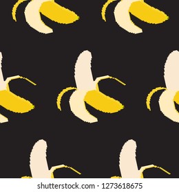 Bananas on a black background. Pixel art. Seamless pattern.Vector illustration.