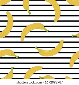 Bananas on black and white stripes, seamless pattern. Suitable for printing on fabrics, festive and pastry packaging, wallpapers and more.