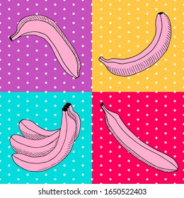 Plátanos de fondo brillante. Cartel dibujado a mano en arte pop. Ilustración vectorial de material.