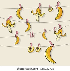 Bananas on clothespins, vector