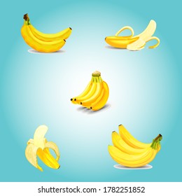 Plátanos sobre fondo de color. Ilustración del vector, conjunto de iconos de plátanos
