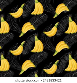 Bananas on contour leaves.Vector seamless pattern with bananas on a black background with contour leaves.