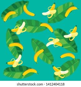 bananas  on green leaf in summer pattern,  banana in the summer background