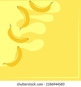 Bananas on yellow background poster, card or background template. Banana poster, invitation, card template. Bananas flat background.