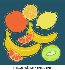 Bananas, oranges, kiwi and lemon on a blue background