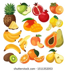 Bananas, oranges, pineapple and other tropical exotic fruits. Vector flat cartoon illustration. Fresh food design elements and icons set. Natural tasty eating collection.