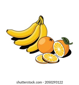 Bananas, oranges. Vector 3d sketch line isometric, color icon illustration, flat style. Creative design idea and elements for infographics and website.