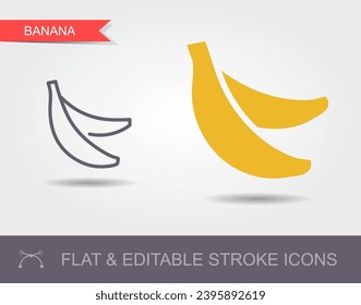 Bananas. Outline icon with editable stroke. Linear symbol of the food with shadow and flat icon