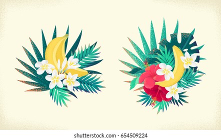 Bananas, palm leaves, hibiscus and frangipani (plumeria) flowers bouquets. Tropical retro vector illustration. Design elements for invitation, banner, card, poster, flyer, menu