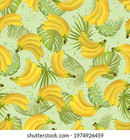 Bananas and palm leaves in a pattern.Vector pattern with bananas and palm leaves on a colored background.