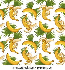 Bananas with palm leaves. Seamless vector pattern.