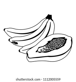 Bananas and papaya in black and white