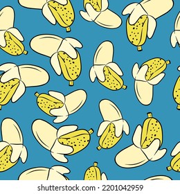 Bananas pattern, blue background and yellow bananas, textiles, art, tropical fruit