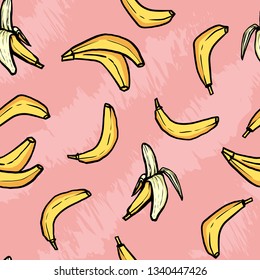 Bananas pattern on pink background. Banana pattern for fabric. Fruit Illustration. Vector pattern. 