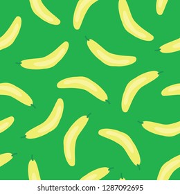 Bananas pattern. Vector seamless background with illustrated fruits isolated on green. Food illustration. Use for card, menu cover, web pages, page fill, packaging, farmers market, fabric.